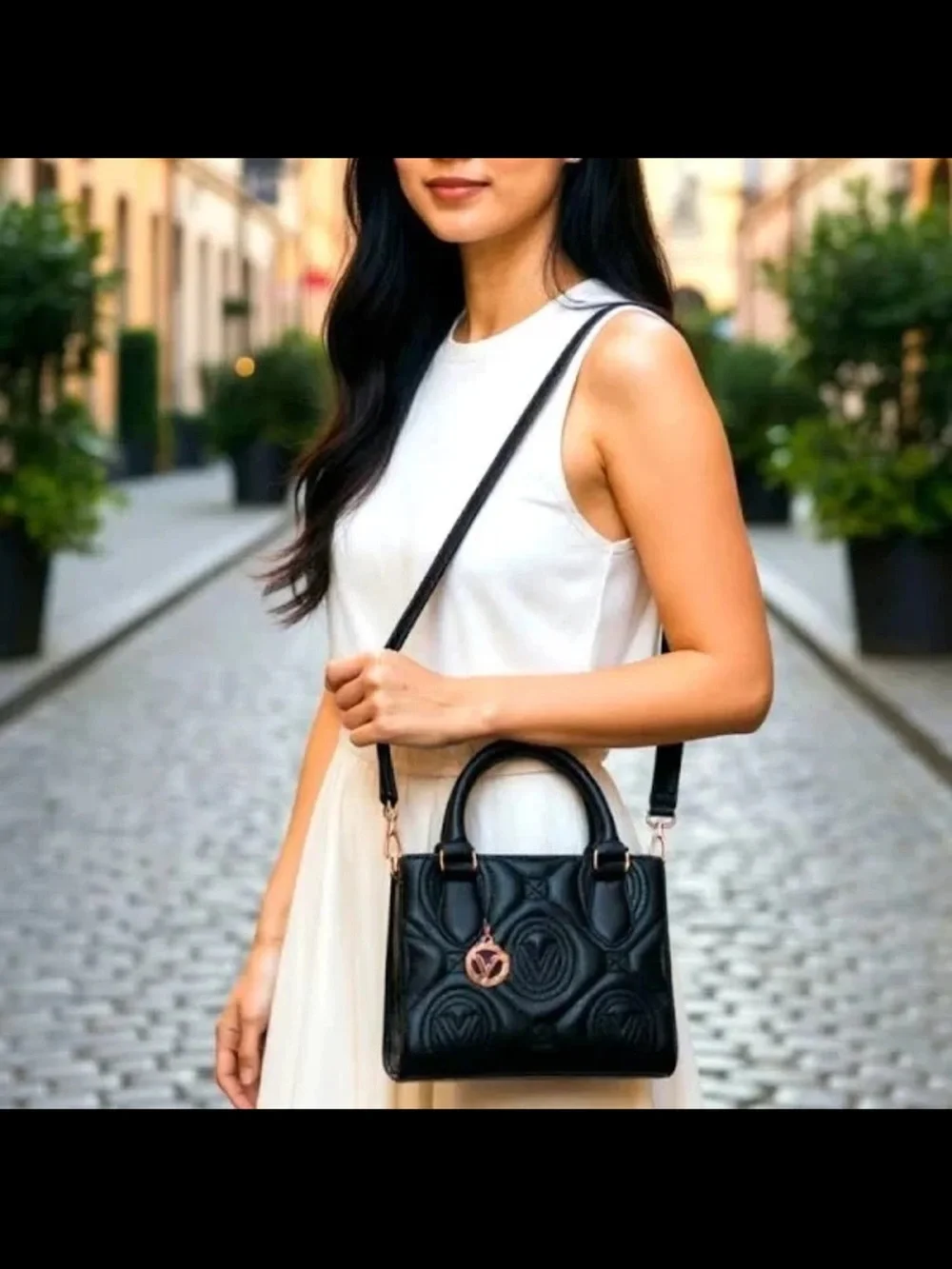 Valentino Orlandi Black Quilted Satchel with Gold Charm
